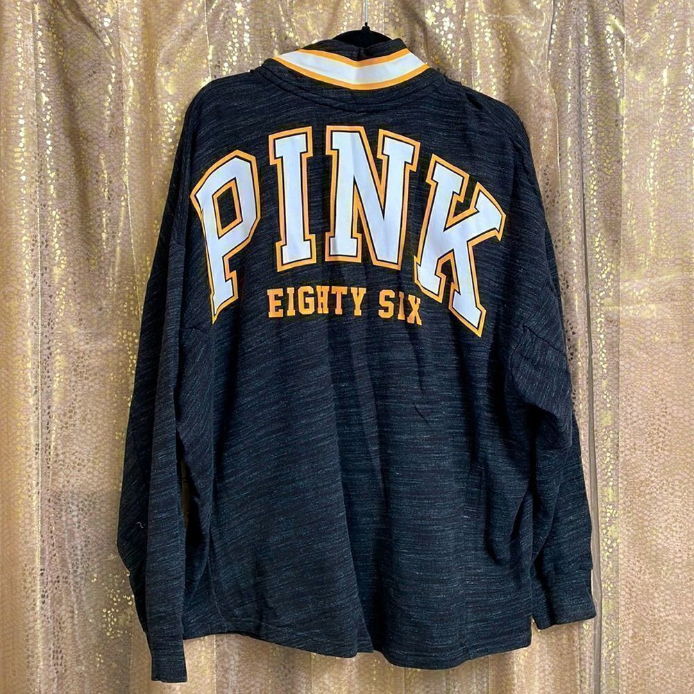 ‎PINK Victoria’s Secret dark gray/white/yellow logo pullover, size L, NWOT
